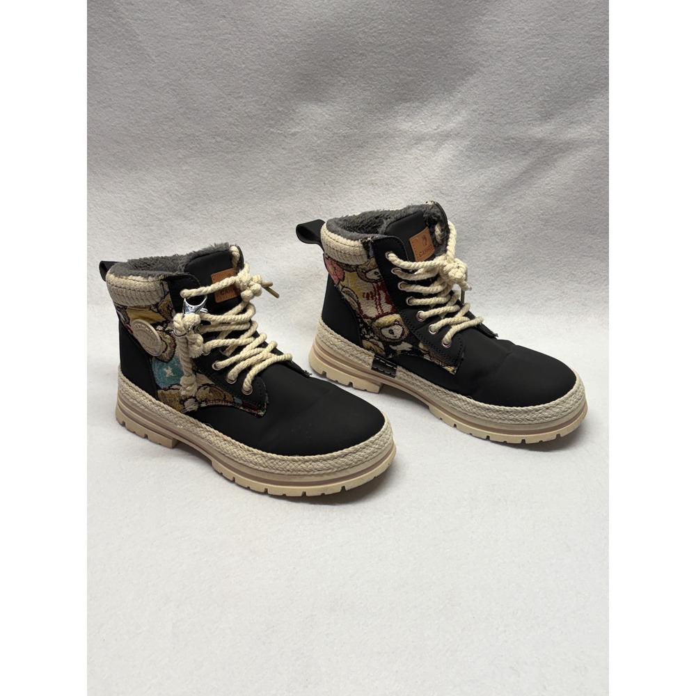 CAHHRRN ROOPGK HUGOV Black Tapestry Bear Faux Fur Lined Combat Boots Size 41